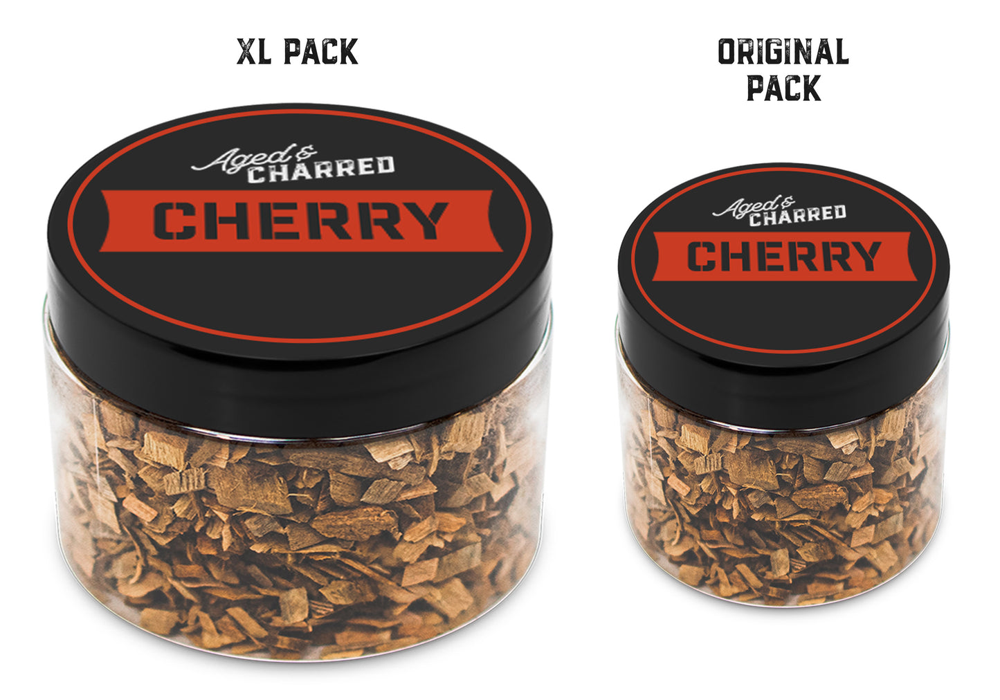 Size comparison of XL pack and original pack filled with cherry wood chips, intended for whiskey infusion.