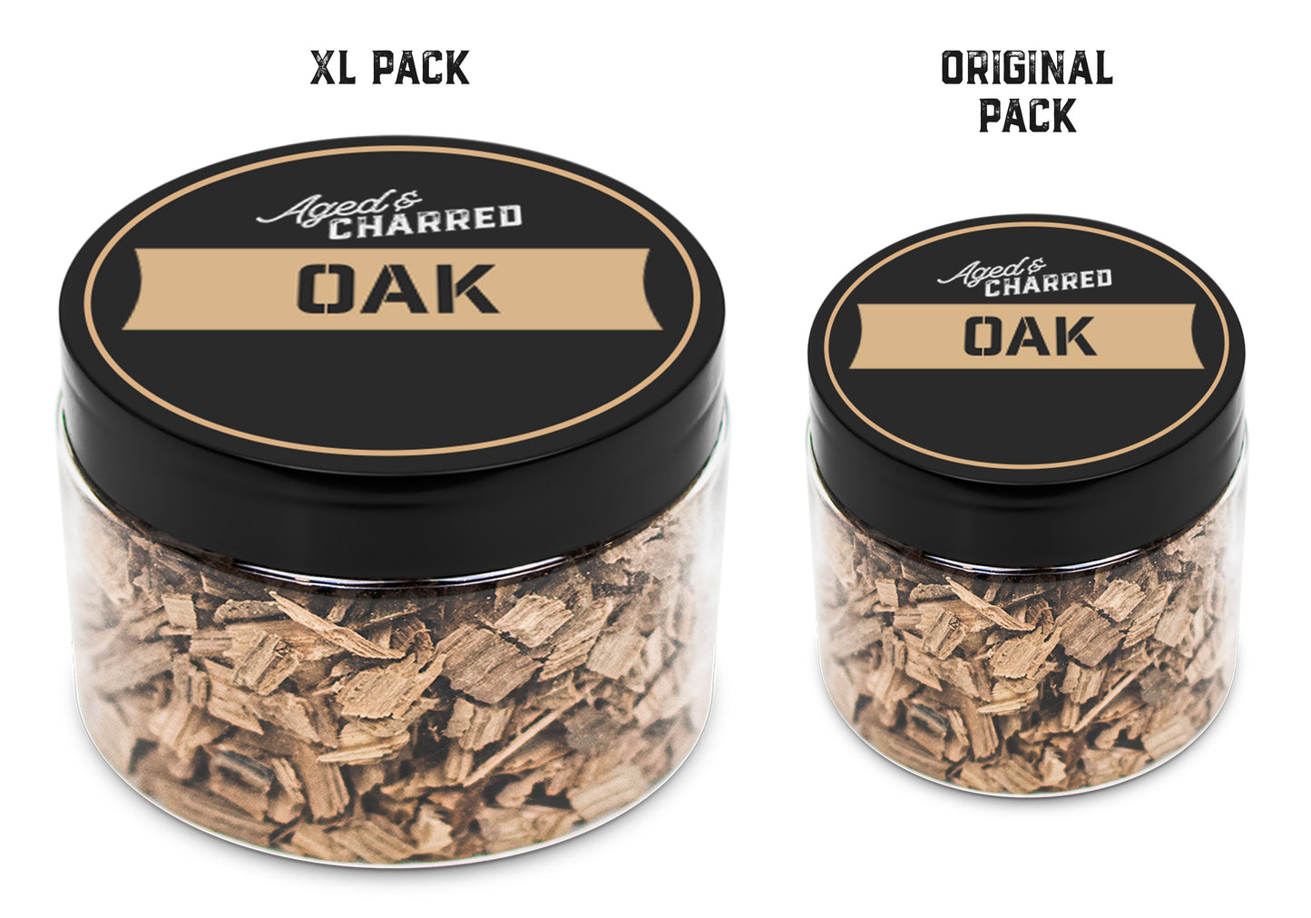 Size comparison of XL pack and original pack filled with oak wood chips, intended for whiskey infusion.