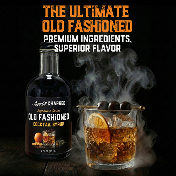 A bottle of Old Fashioned cocktail syrup next to a garnished glass with text promoting the beverage.