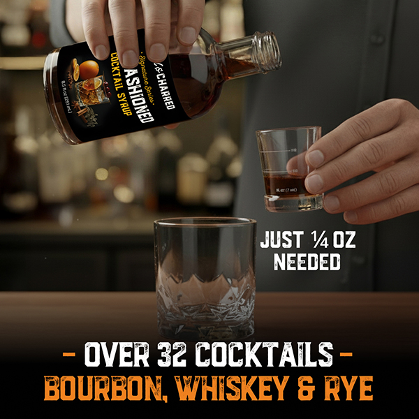 Person pouring cocktail syrup into a glass with a bottle labeled 'Old Fashioned'.