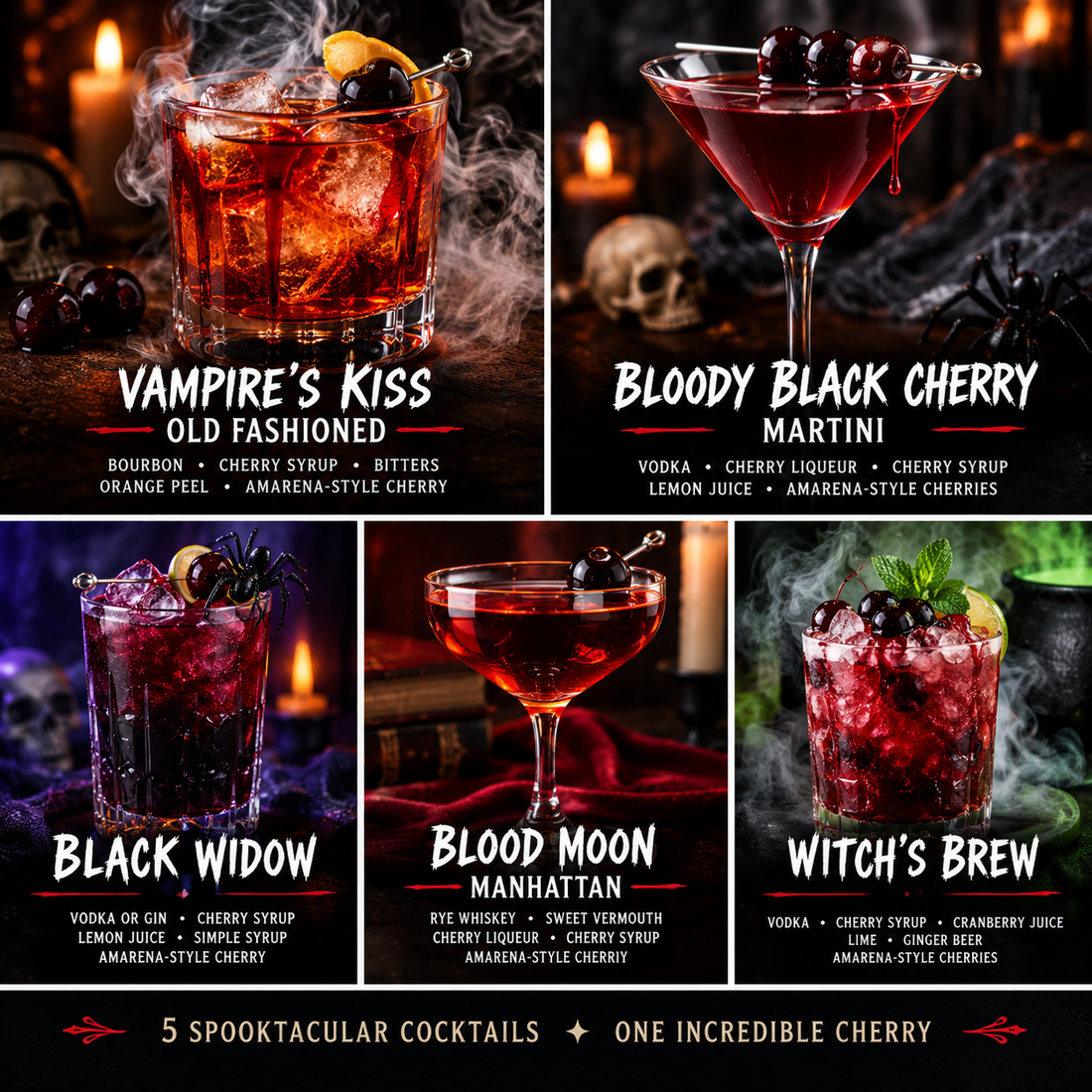Five Halloween cocktails made with dark sweet cherries, including a Vampire's Kiss Old Fashioned, Bloody Black Cherry Martini, Black Widow, Blood Moon Manhattan, and Witch's Brew.  Copy image alt text