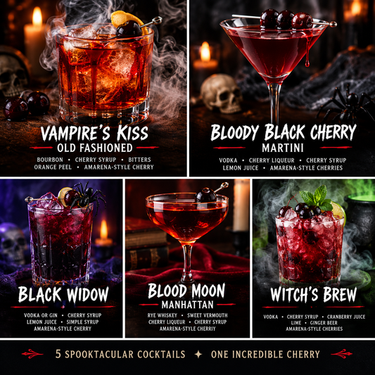 Five Halloween cocktails made with dark sweet cherries, including a Vampire's Kiss Old Fashioned, Bloody Black Cherry Martini, Black Widow, Blood Moon Manhattan, and Witch's Brew.  Copy image alt text