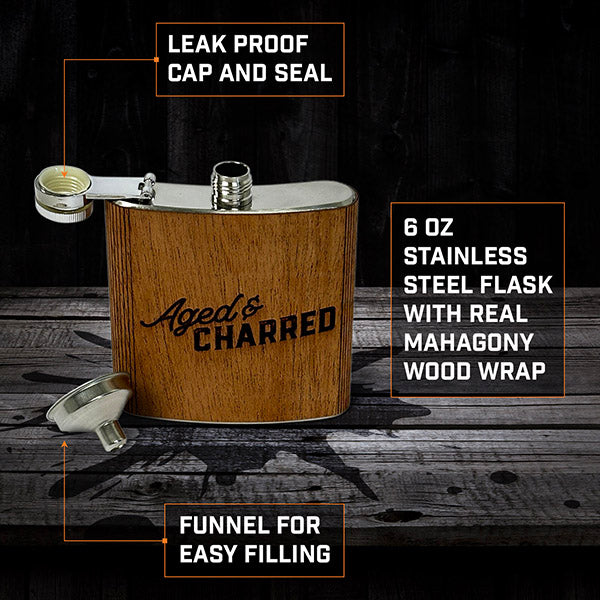 6oz stainless steel flask wrapped in real mahogany wood; Includes funnel and leak-proof cap