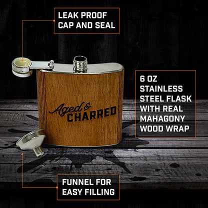 6oz stainless steel flask wrapped in real mahogany wood; Includes funnel and leak-proof cap