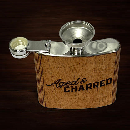 6oz stainless steel flask wrapped in real mahogany wood; Includes funnel and leak-proof cap