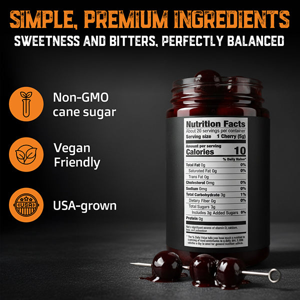 Jar of Amarena Cocktail Cherries with nutrition facts label on a dark background, featuring icons for non-GMO, vegan, and USA-grown.