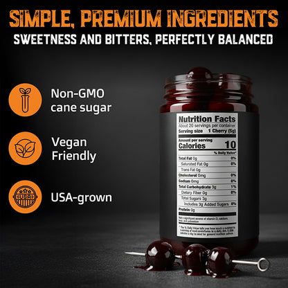 Jar of Amarena Cocktail Cherries with nutrition facts label on a dark background, featuring icons for non-GMO, vegan, and USA-grown.