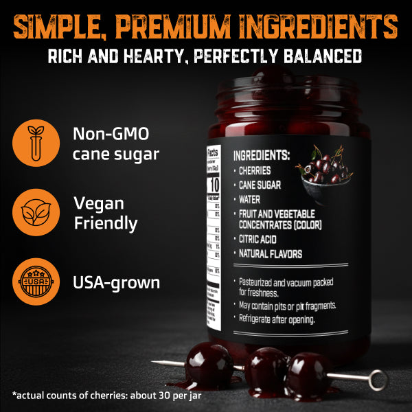 Bottle of Amarena Cocktail Cherries with a label detailing ingredients, certifications, and product information on a dark background.