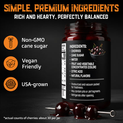 Bottle of Amarena Cocktail Cherries with a label detailing ingredients, certifications, and product information on a dark background.