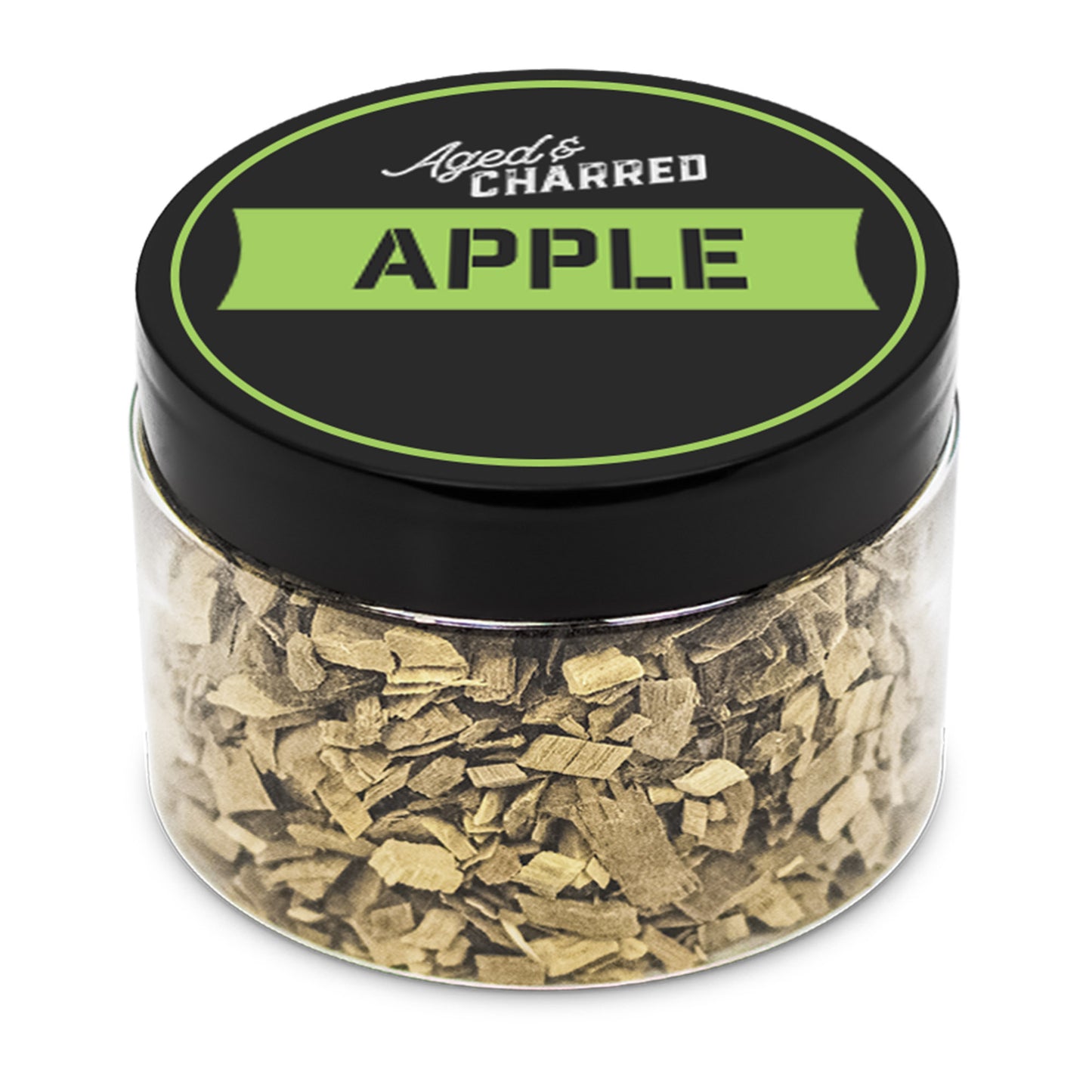 A clear container filled with apple wood chips, intended for whiskey infusion.