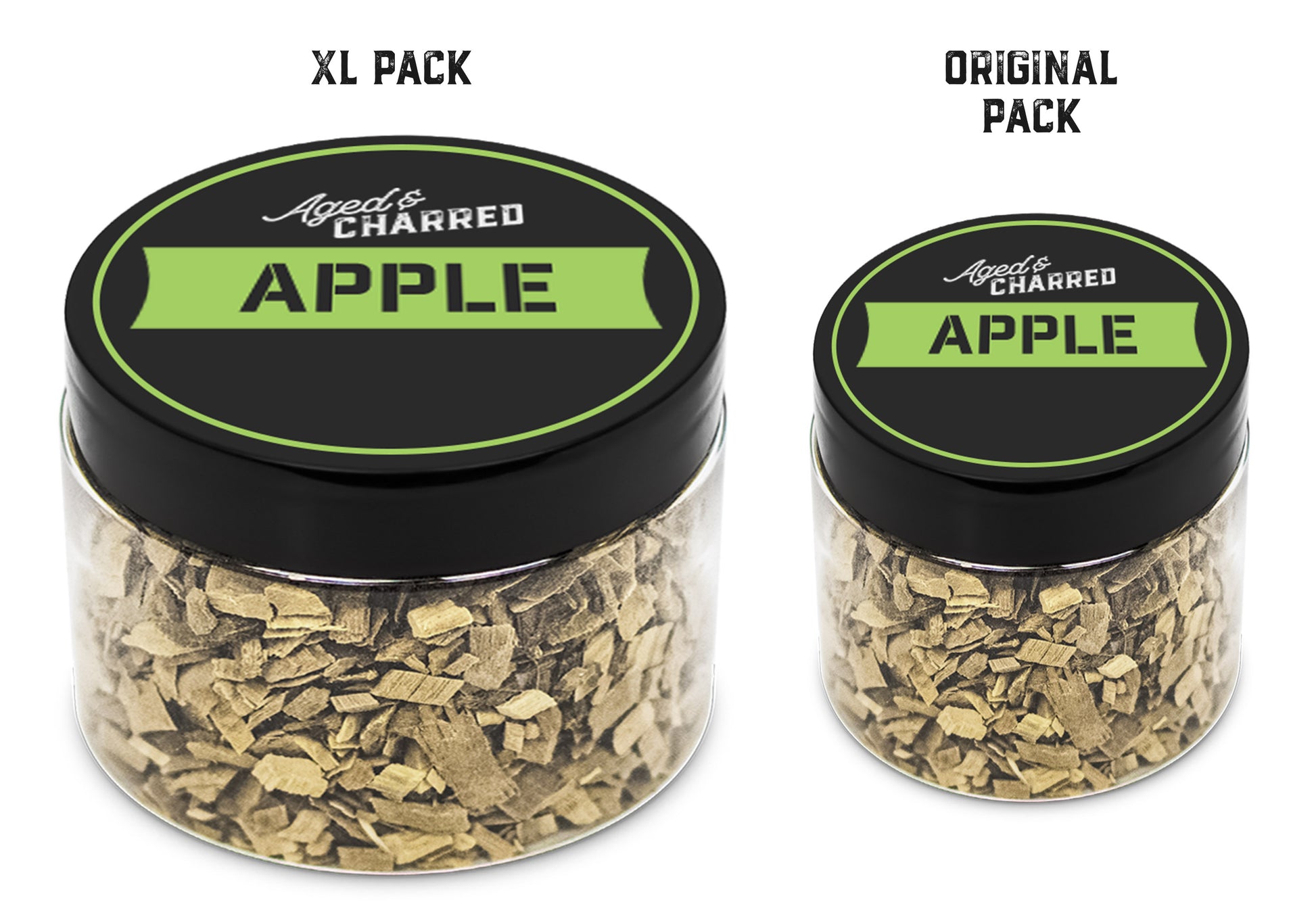 Size comparison of XL pack and original pack filled with apple wood chips, intended for whiskey infusion.