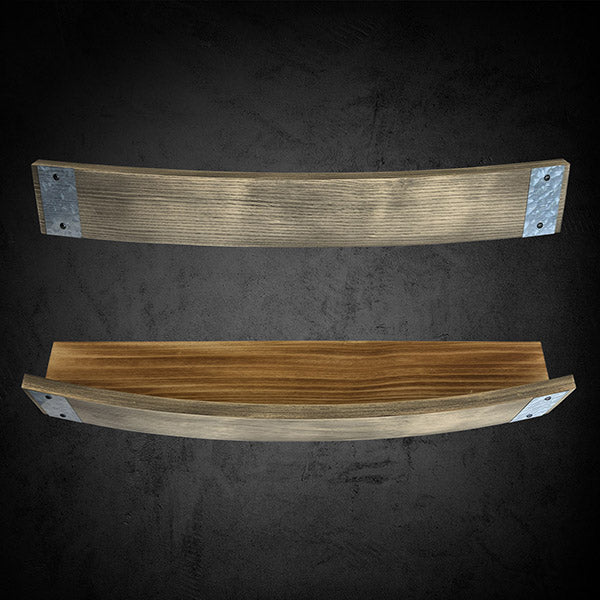 Two wooden barrel stave wall shelves with metal brackets, one with a natural wood finish and the other with a stained finish.