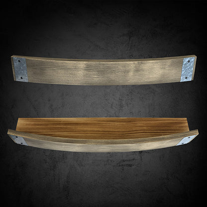 Two wooden barrel stave wall shelves with metal brackets, one with a natural wood finish and the other with a stained finish.