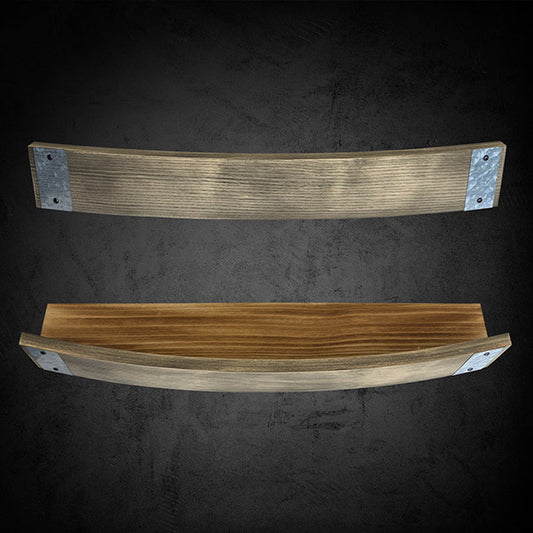 Two wooden barrel stave wall shelves with metal brackets, one with a natural wood finish and the other with a stained finish.