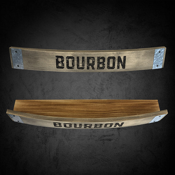 A wooden wall shelf with 'BOURBON' printed on the upper part howcasing a rustic design.