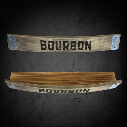 A wooden wall shelf with 'BOURBON' printed on the upper part howcasing a rustic design.