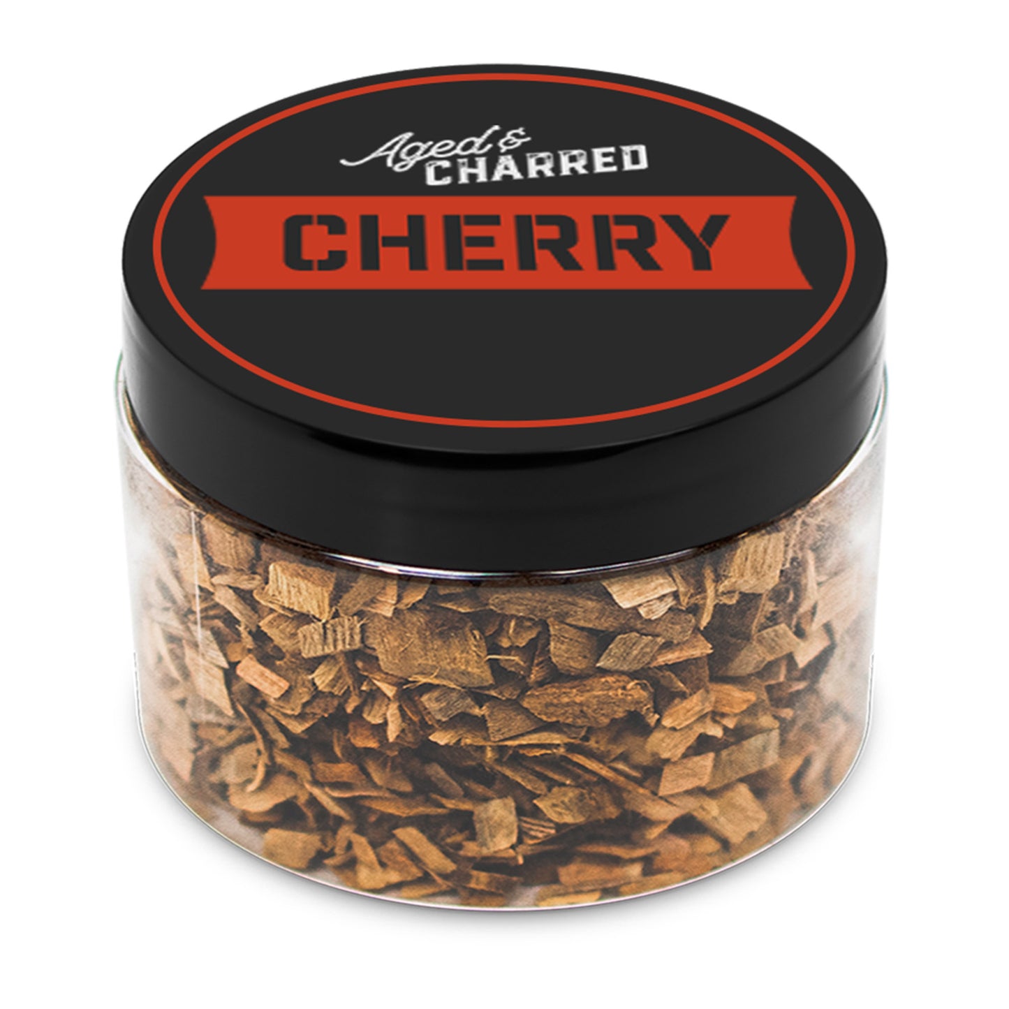 A clear container filled with cherry wood chips, with a black lid featuring the text 'AGED & CHARRED CHERRY'