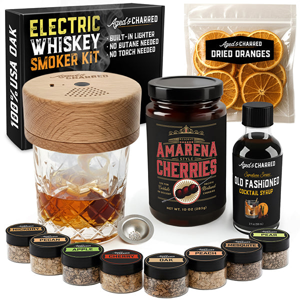 Aged & Charred electric whiskey smoker kit with smoking glass, cherries, oranges and syrups
