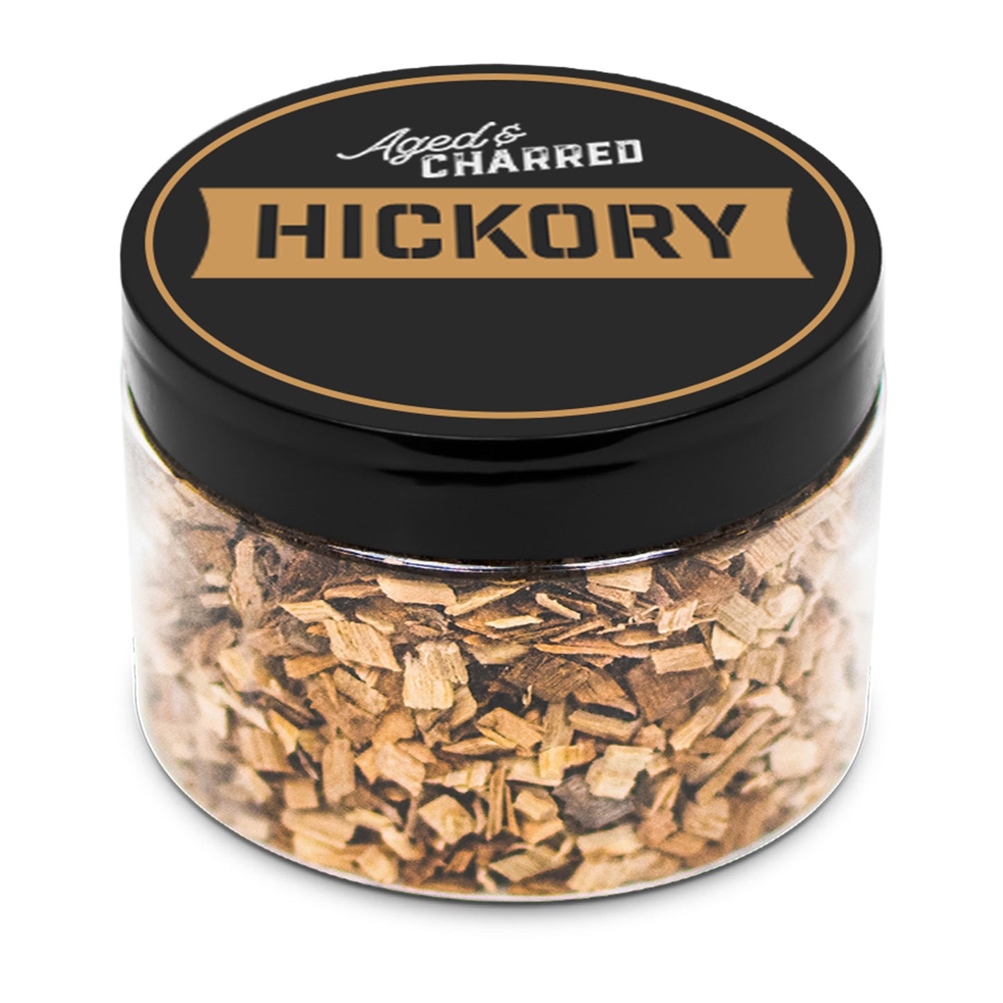 A clear container filled with Hickory wood chips, intended for whiskey infusion.