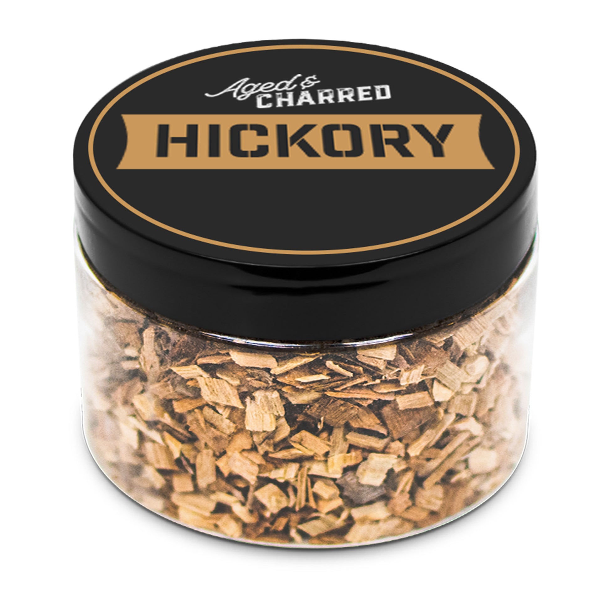 A clear container filled with Hickory wood chips, intended for whiskey infusion.