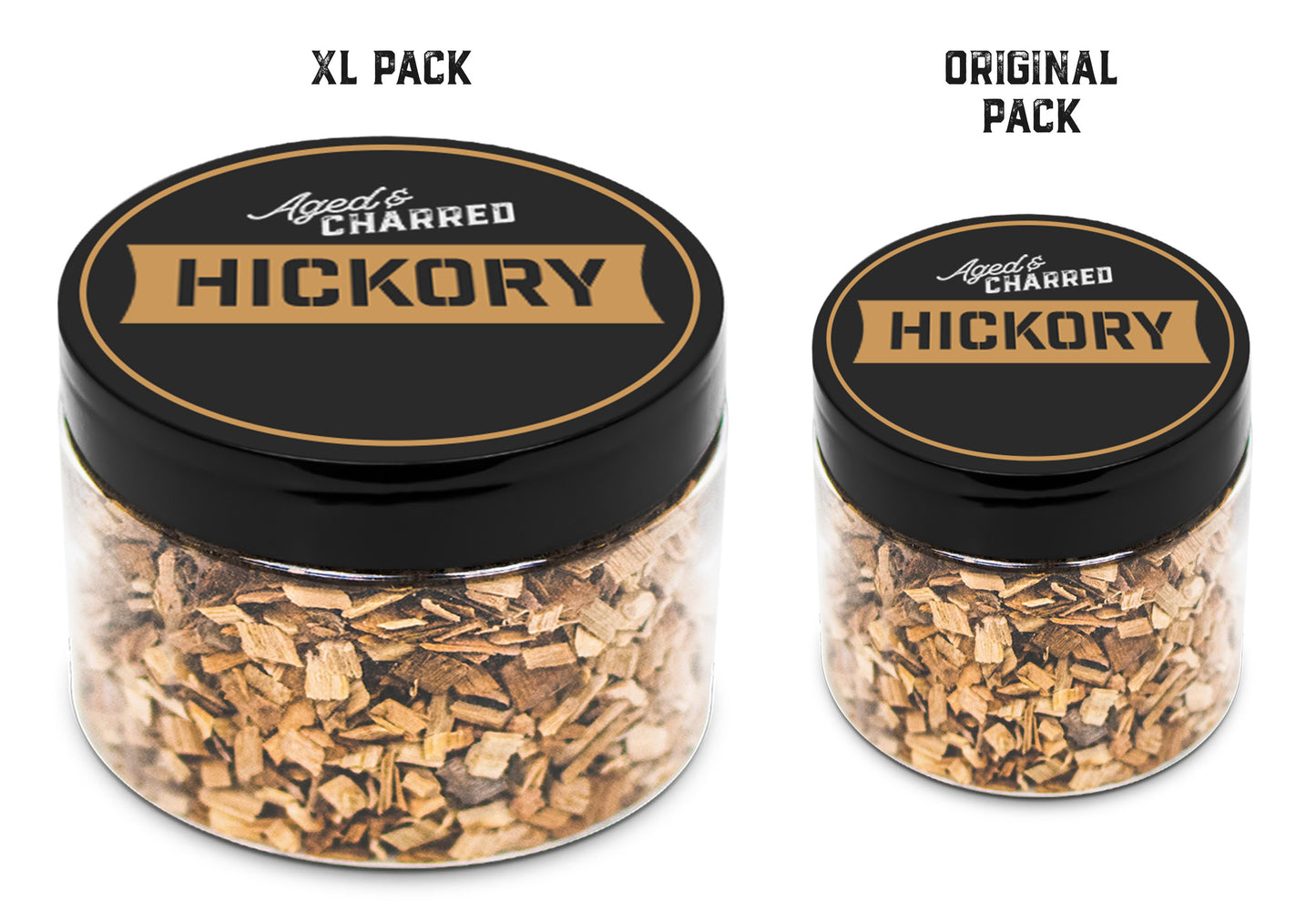 Size comparison of XL pack and original pack filled with hickory wood chips, intended for whiskey infusion.