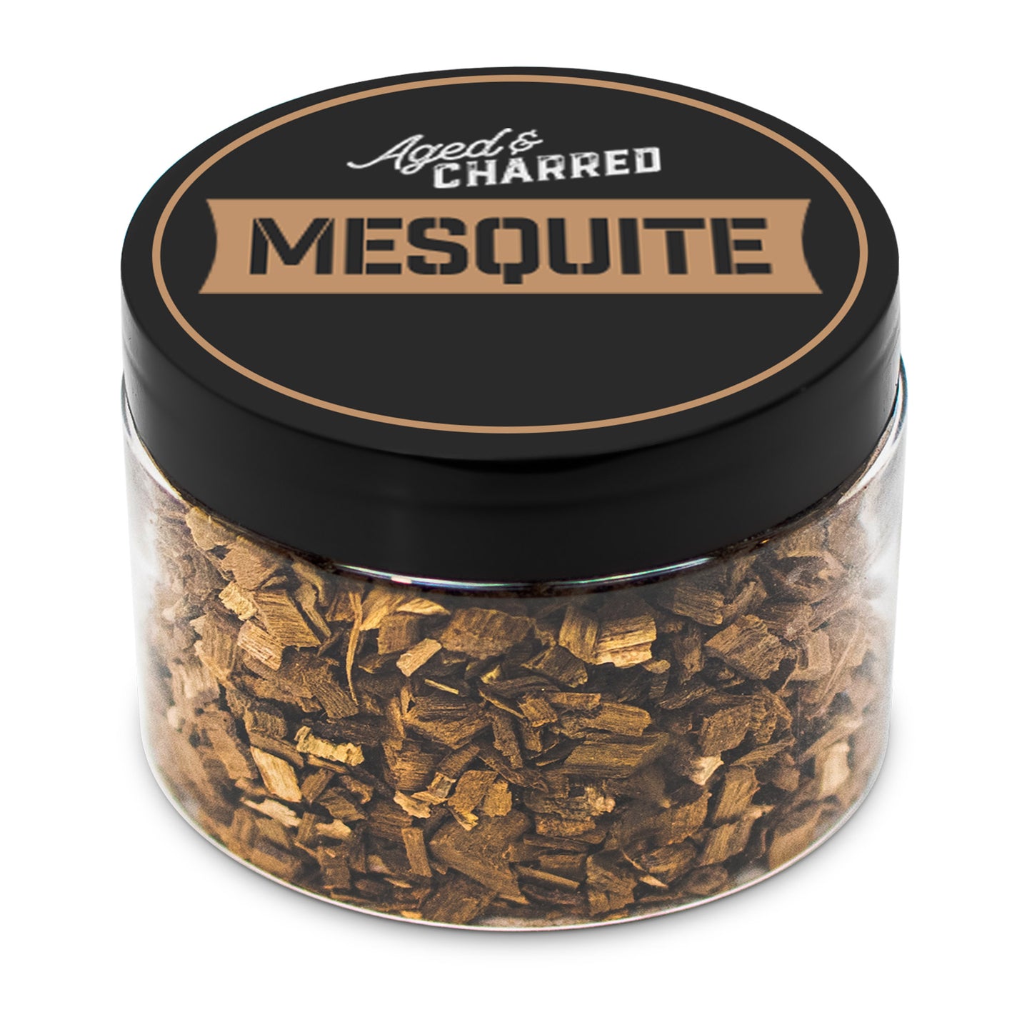 A clear container filled with mesquite wood chips, intended for whiskey infusion.