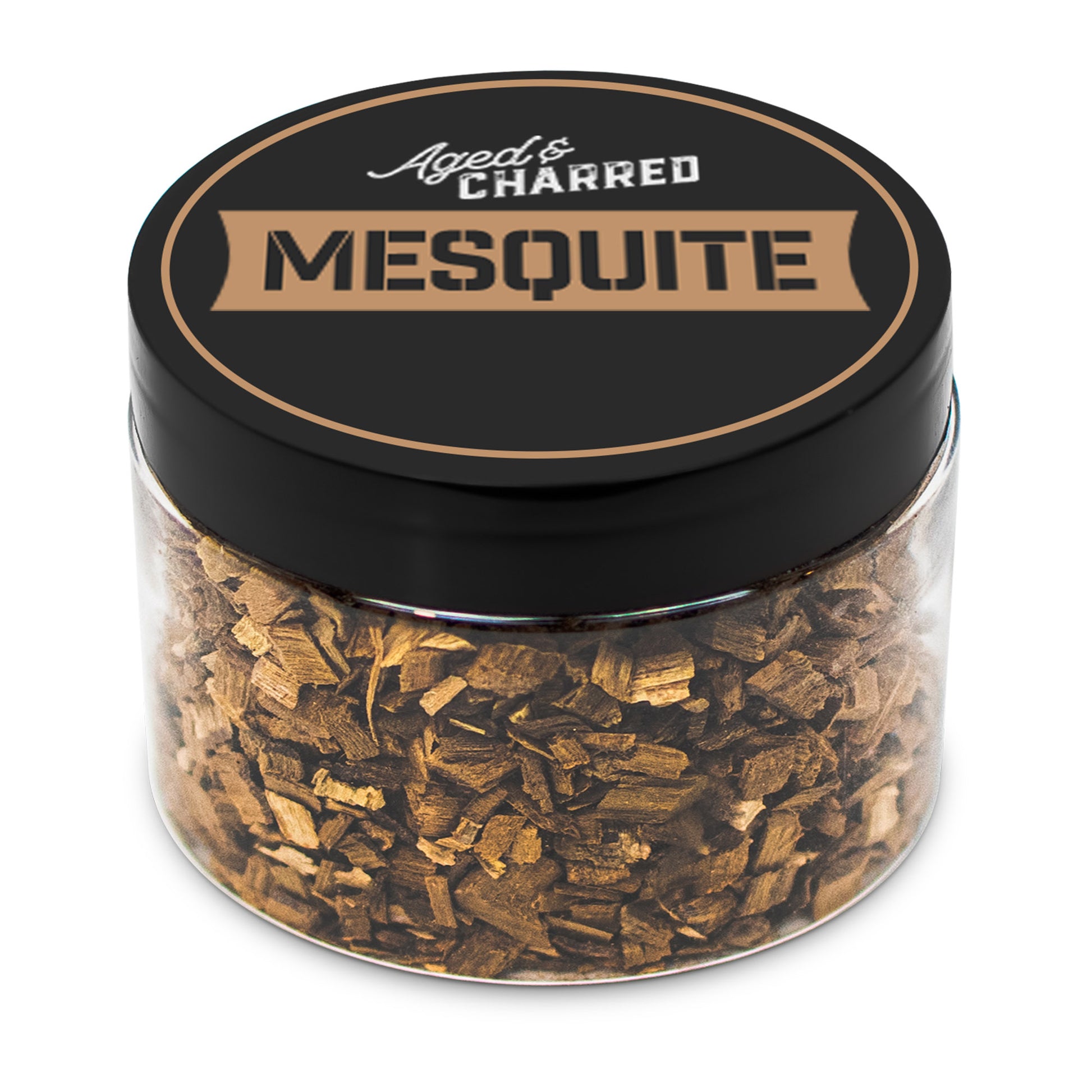 A clear container filled with mesquite wood chips, intended for whiskey infusion.