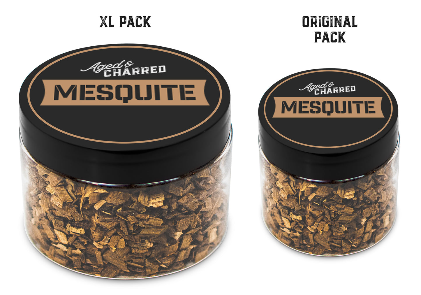 Size comparison of XL pack and original pack filled with mesquite wood chips, intended for whiskey infusion.