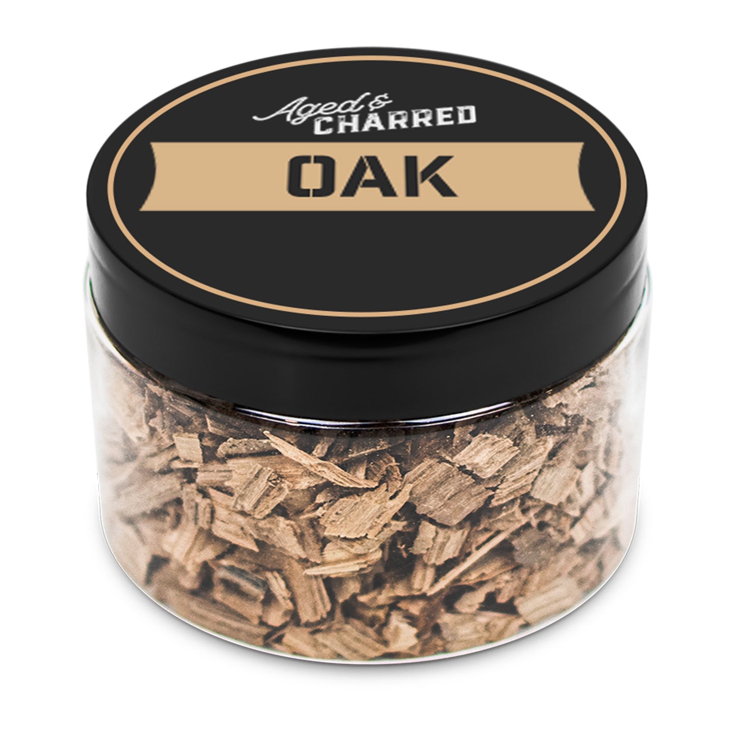 A clear container filled with oak wood chips, labeled 'Aged & Charred OAK'