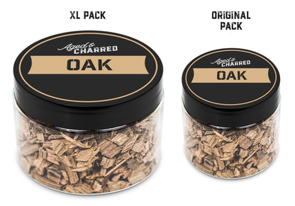 Size comparison of XL pack and original pack filled with oak wood chips, intended for whiskey infusion.