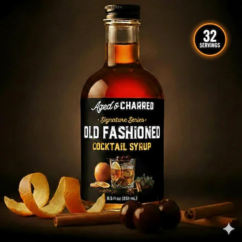 Bottle of Old Fashioned Cocktail Syrup on a dark background