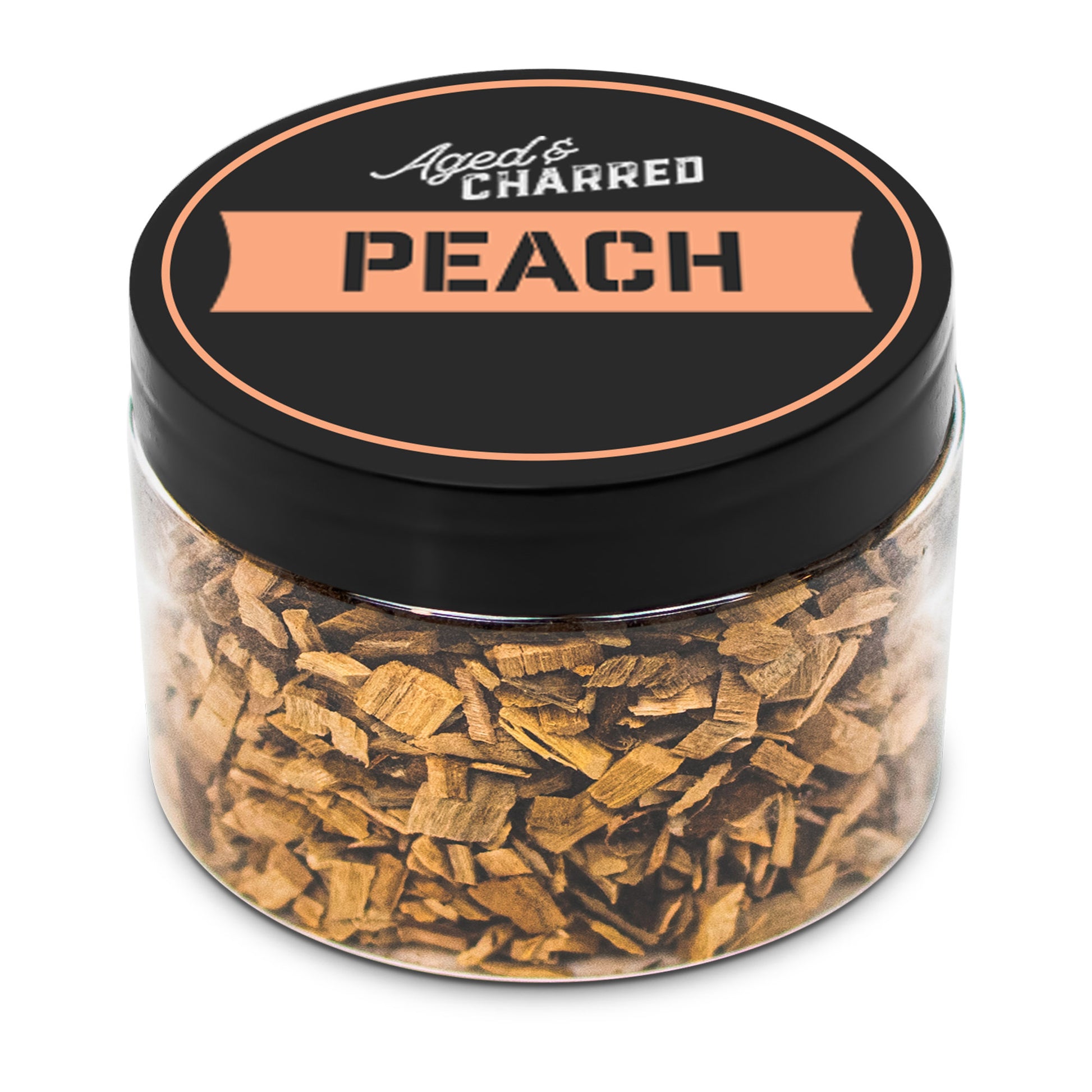 A clear container filled with peach wood chips, labeled 'AGED & CHARRED PEACH'.