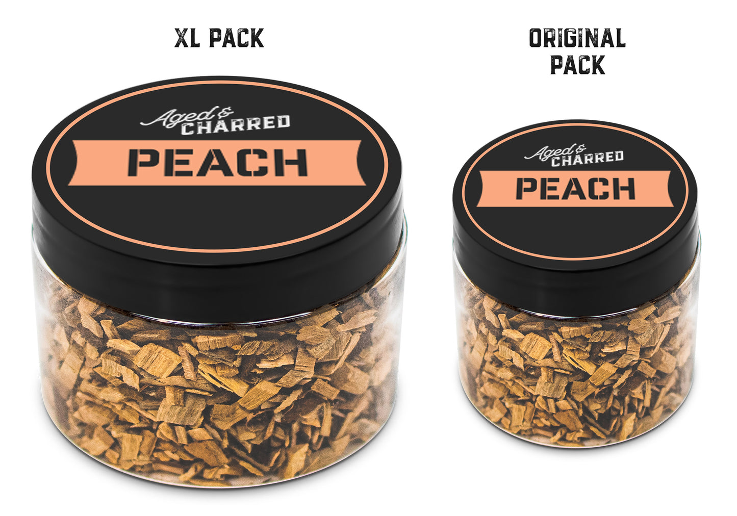 Size comparison of XL pack and original pack filled with peach wood chips, intended for whiskey infusion.