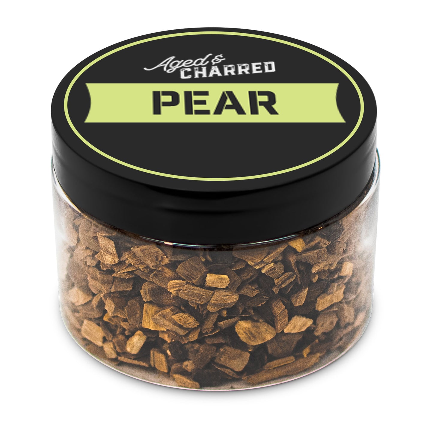 A clear container filled with pear wood chips, intended for whiskey infusion.