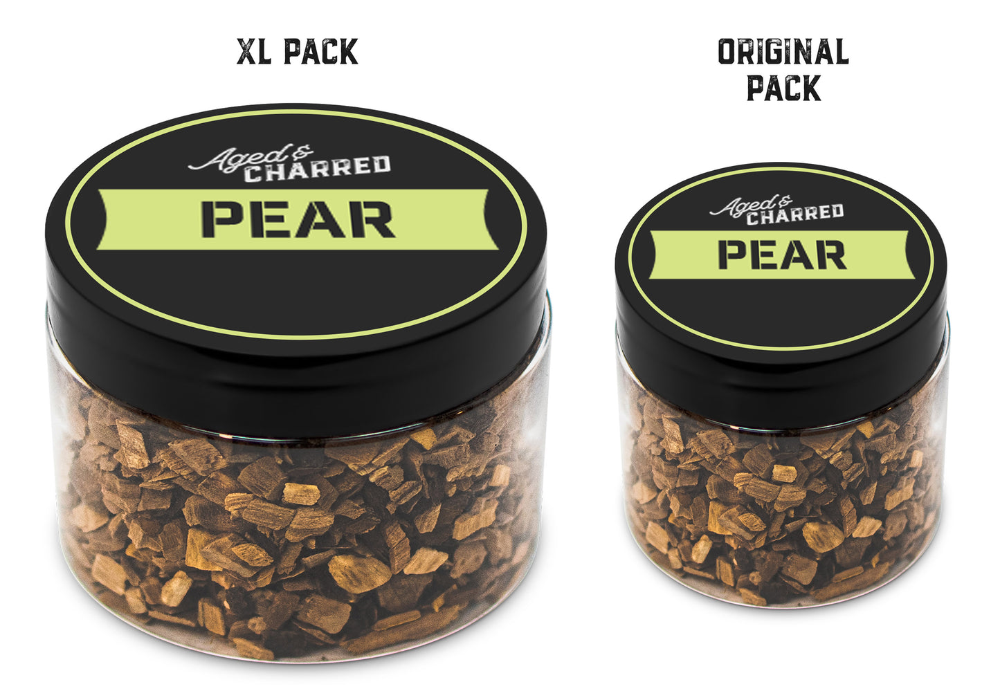 Size comparison of XL pack and original pack filled with pear wood chips, intended for whiskey infusion.