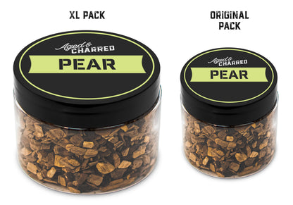 Size comparison of XL pack and original pack filled with pear wood chips, intended for whiskey infusion.