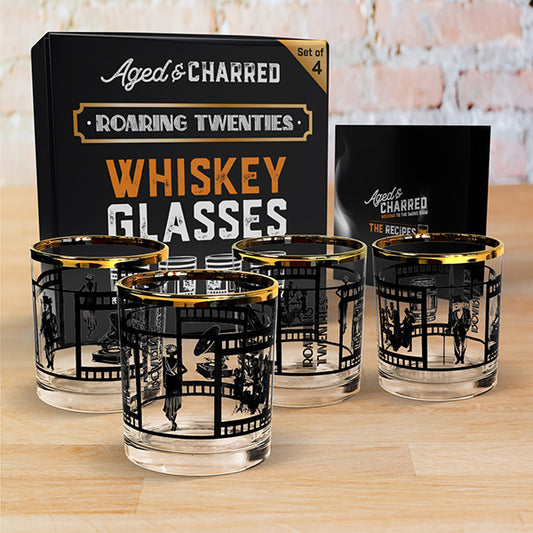 Set of four lead-free crystalline vintage rocks glasses with a gift box and recipe book