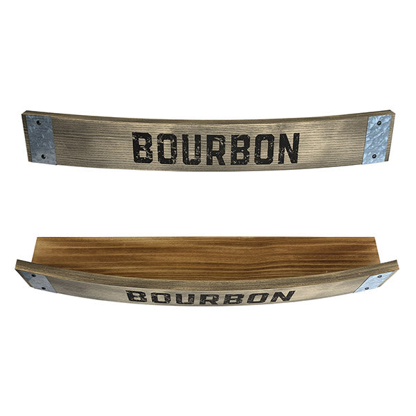Two wooden whiskey barrel stave designs with 'BOURBON' text, featuring stainless steel bands on the top surface.