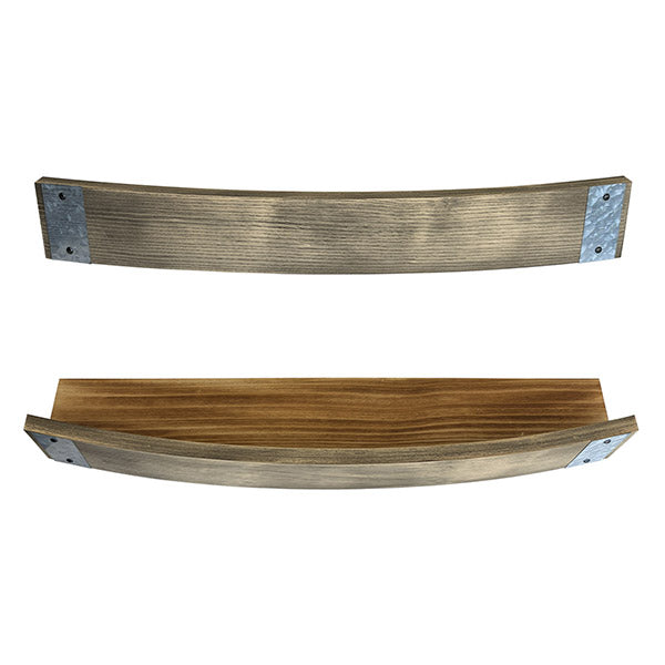 Two wooden whiskey barrel stave designs with no text, featuring stainless steel bands on the top surface.