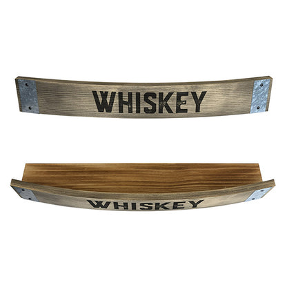 Two wooden whiskey barrel stave designs with the word 'WHISKEY' printed on the top surface, featuring stainless steel bands for mounting.