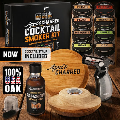 Whiskey Smoke Lid Kit With Wood Chips, Torch and Syrup (No Butane)