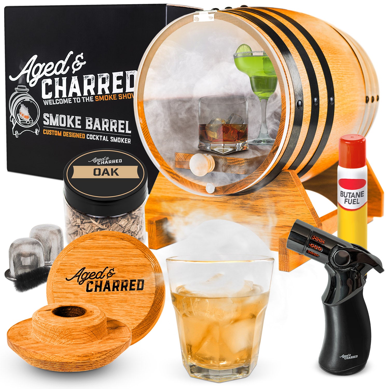 Smoke Barrel Kit includes the Smoke Barrel, Smoke Lid, oak wood chips, culinary torch, butane, and four free vintage Roaring Twenties bourbon glasses.