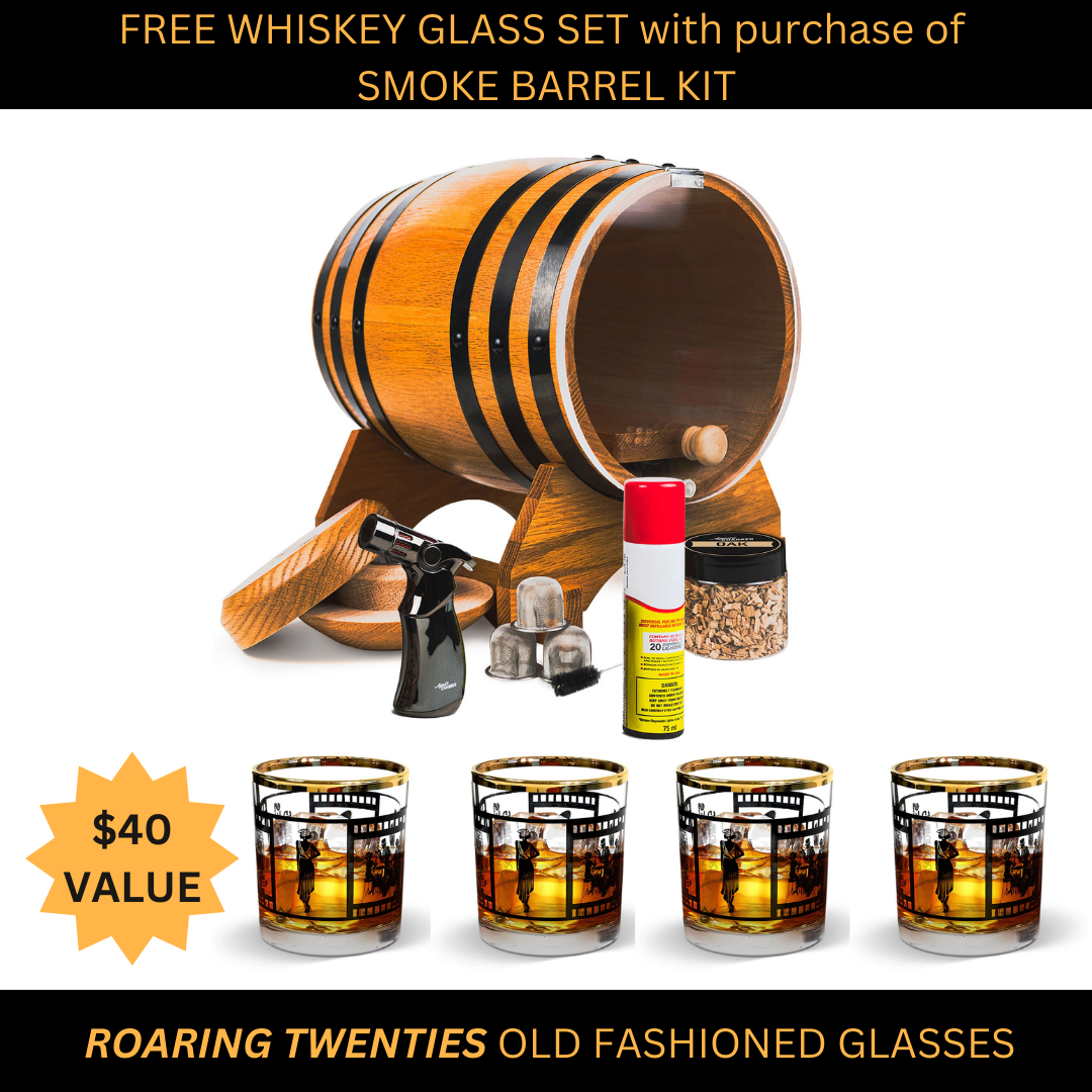 Smoke Barrel Kit includes the Smoke Barrel, Smoke Lid, oak wood chips, culinary torch, butane, and four free vintage Roaring Twenties bourbon glasses.