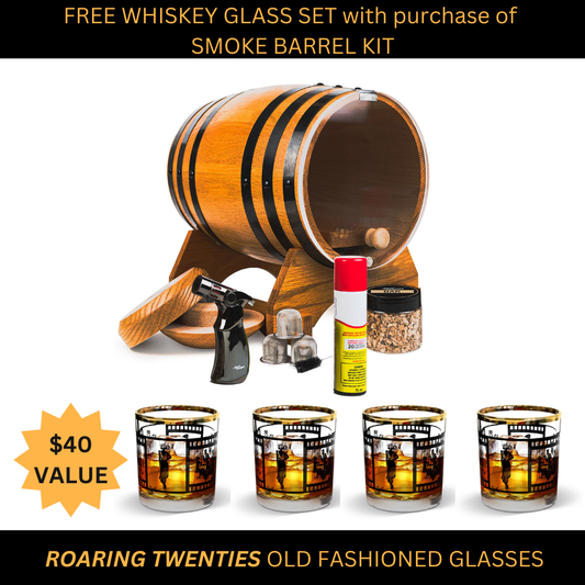 Smoke Barrel Kit includes the Smoke Barrel, Smoke Lid, oak wood chips, culinary torch, butane, and four free vintage Roaring Twenties bourbon glasses.