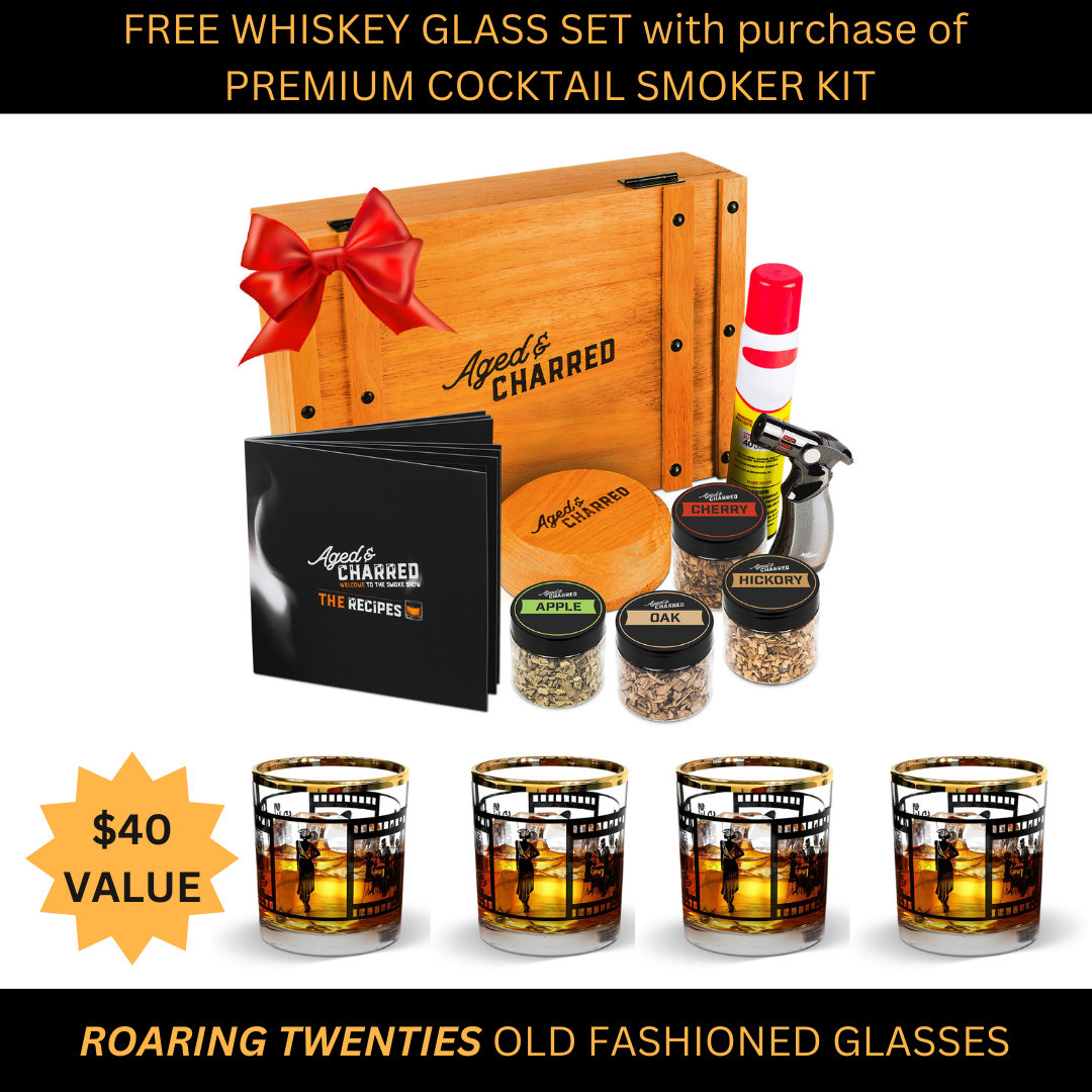 Premium Smoke Lid Kit includes a beautiful wooden box, Smoke Lid, four wood chip flavors, culinary torch, butane, recipe book and set of 4 free whiskey glasses