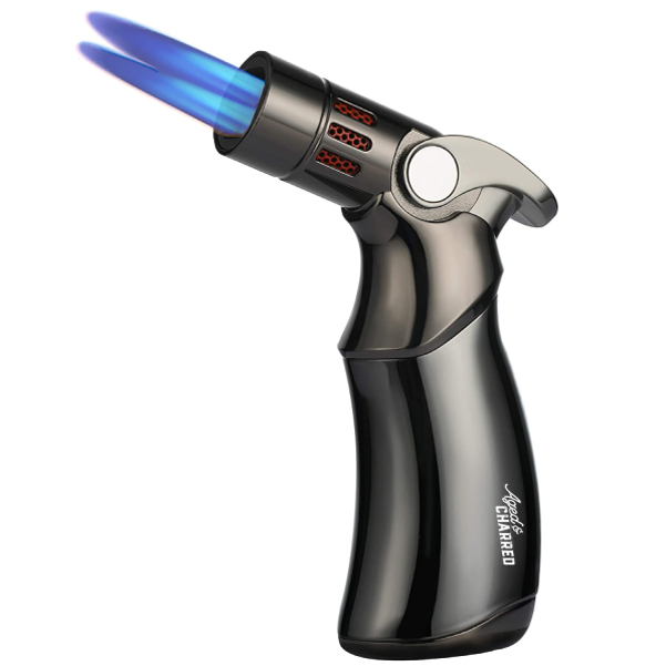 A black torch lighter with a blue flame, designed for cocktail smoking.