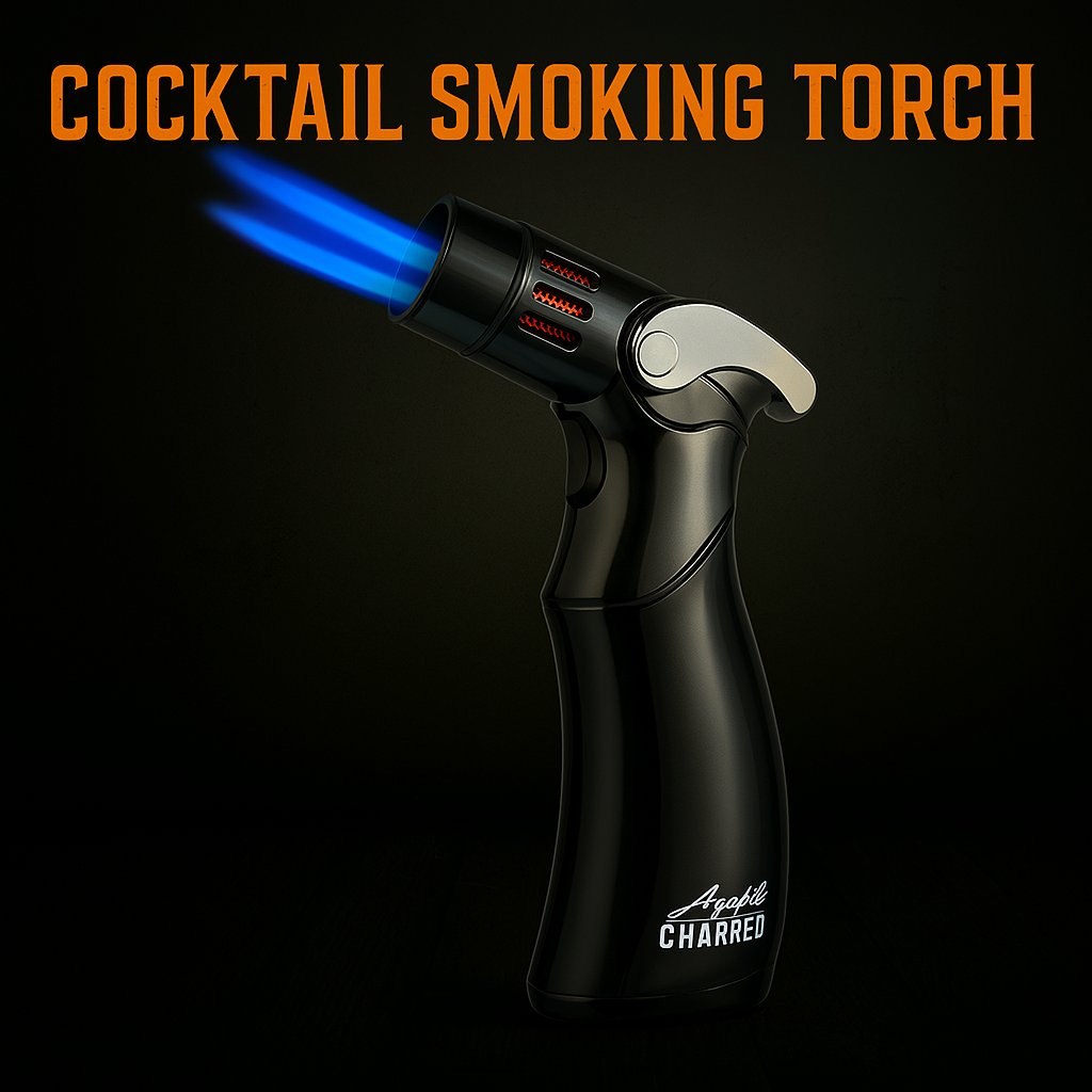 A black cocktail smoking torch with a blue flame, featuring a metallic accent and Aged & Charred logo on the side.