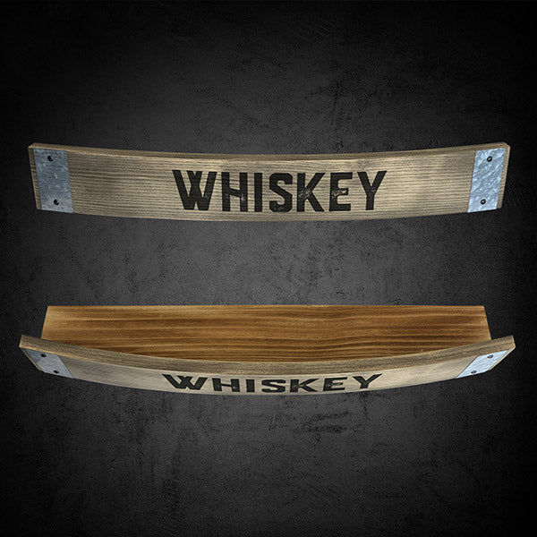 Two wooden whiskey barrel stave wall shelves with 'WHISKEY' printed in capital letters
