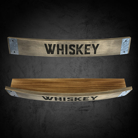 Two wooden whiskey barrel stave wall shelves with 'WHISKEY' printed in capital letters