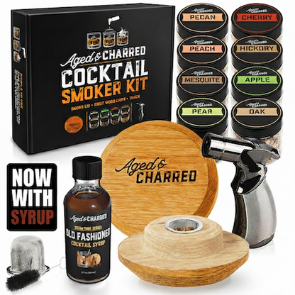 Aged & Charred whiskey smoker lid kit with torch, 8 different types of wood chips, cocktail syrup, and gift box packaging.